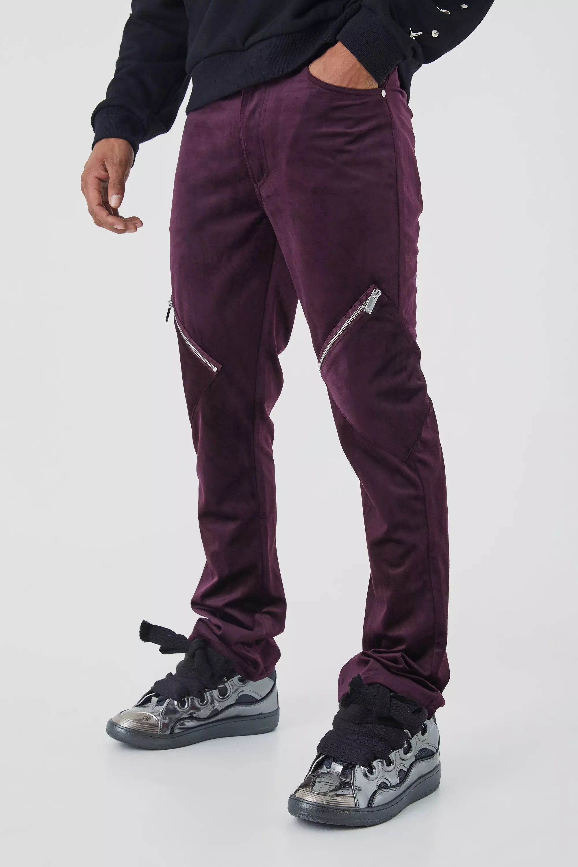 Slim Flare Velour Zip Cargo Pants Purple