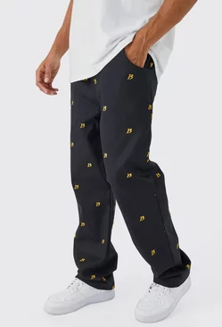 Black Fixed Waist Relaxed All Over Embroidery Pants