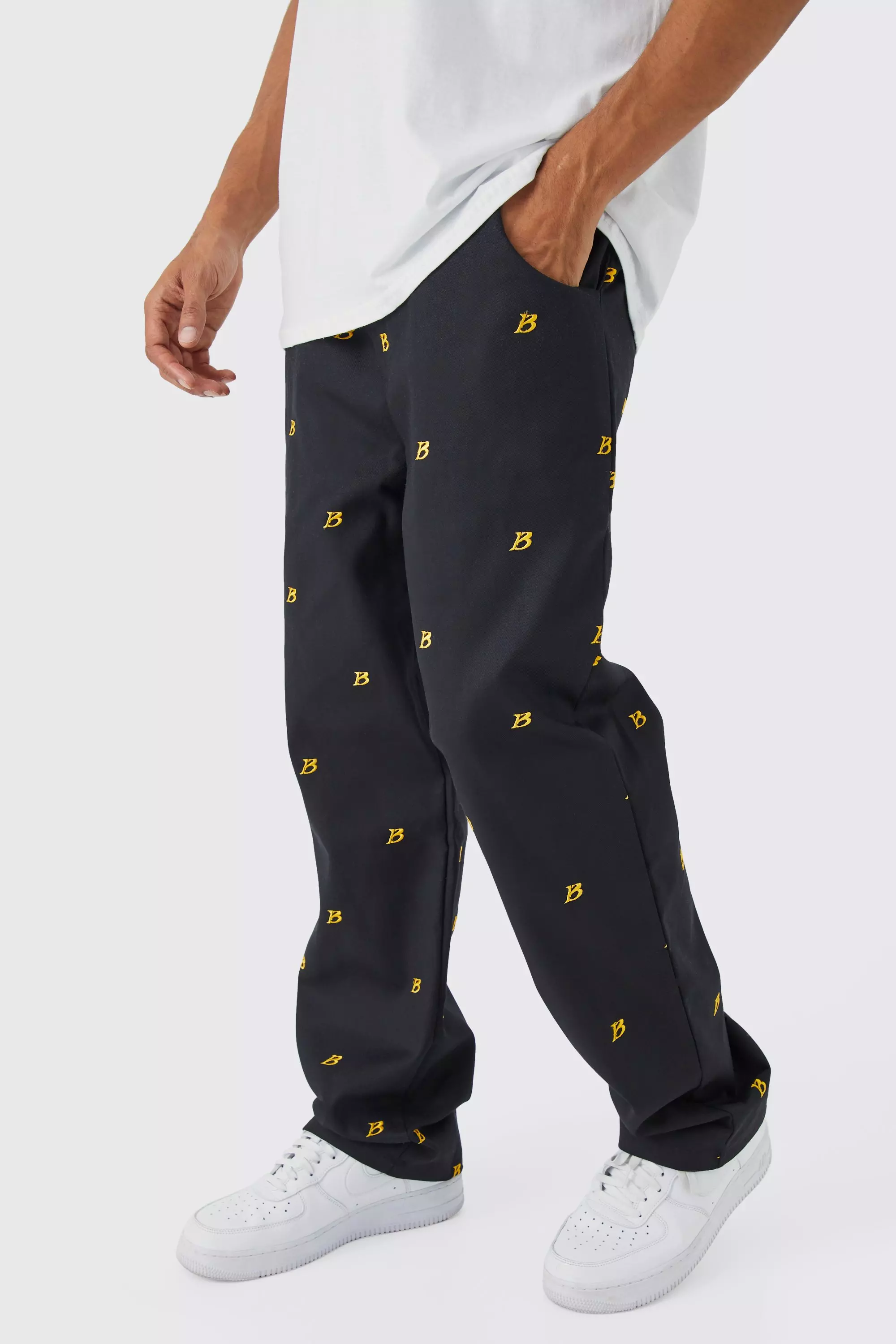 Fixed Waist Relaxed All Over Embroidery Pants Black