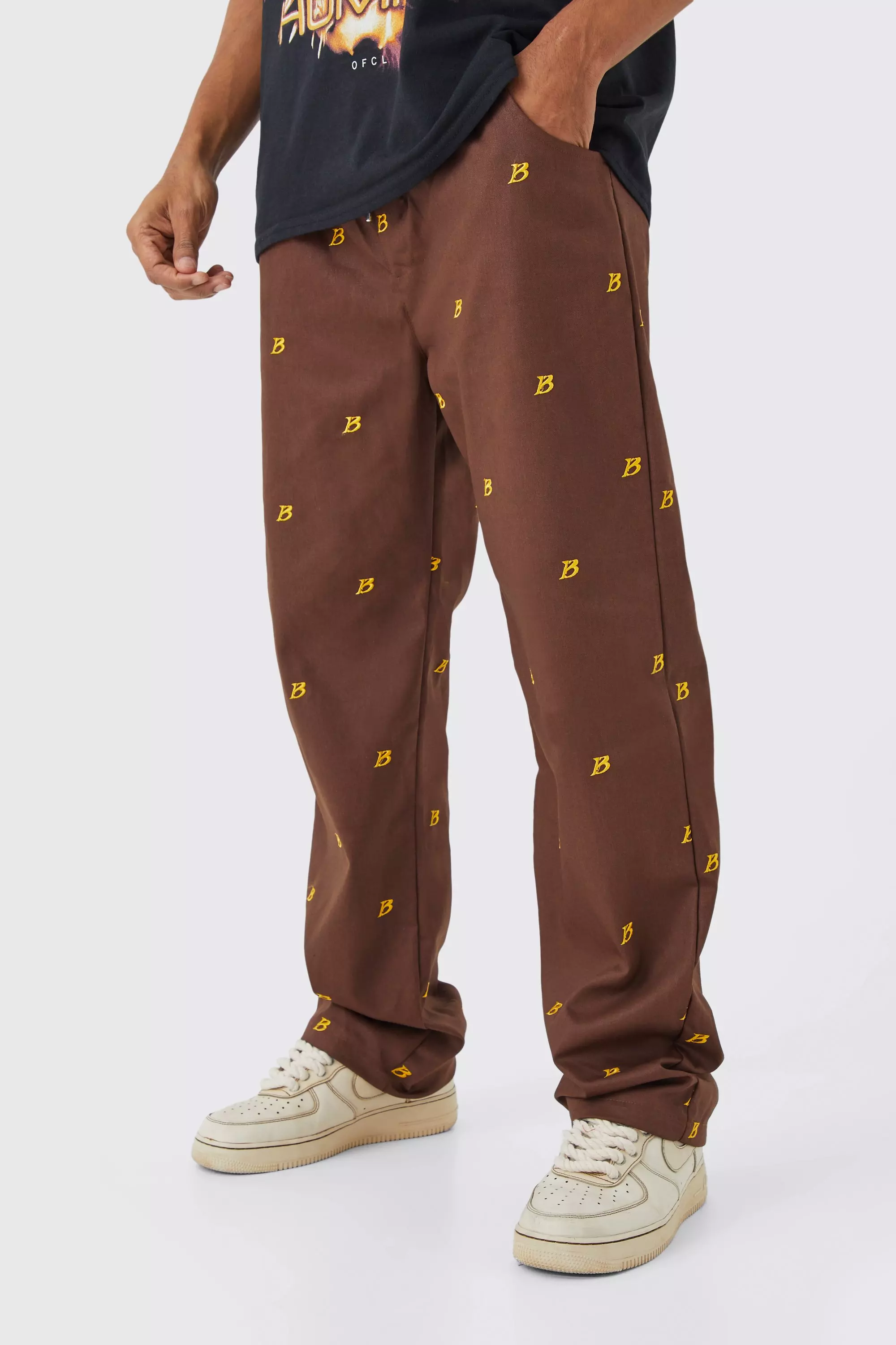 Chocolate Brown Fixed Waist Relaxed All Over Embroidery Pants