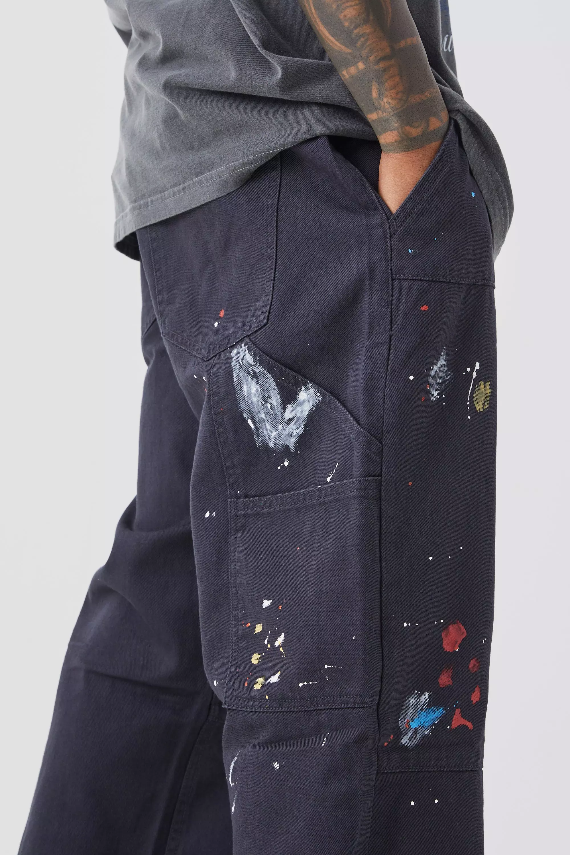 Relaxed Fit All Over Paint Splatter Carpenter Pants boohooMAN USA