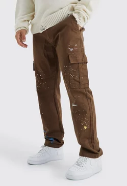 Straight Leg Cargo All Over Paint Splatter Pants Chocolate