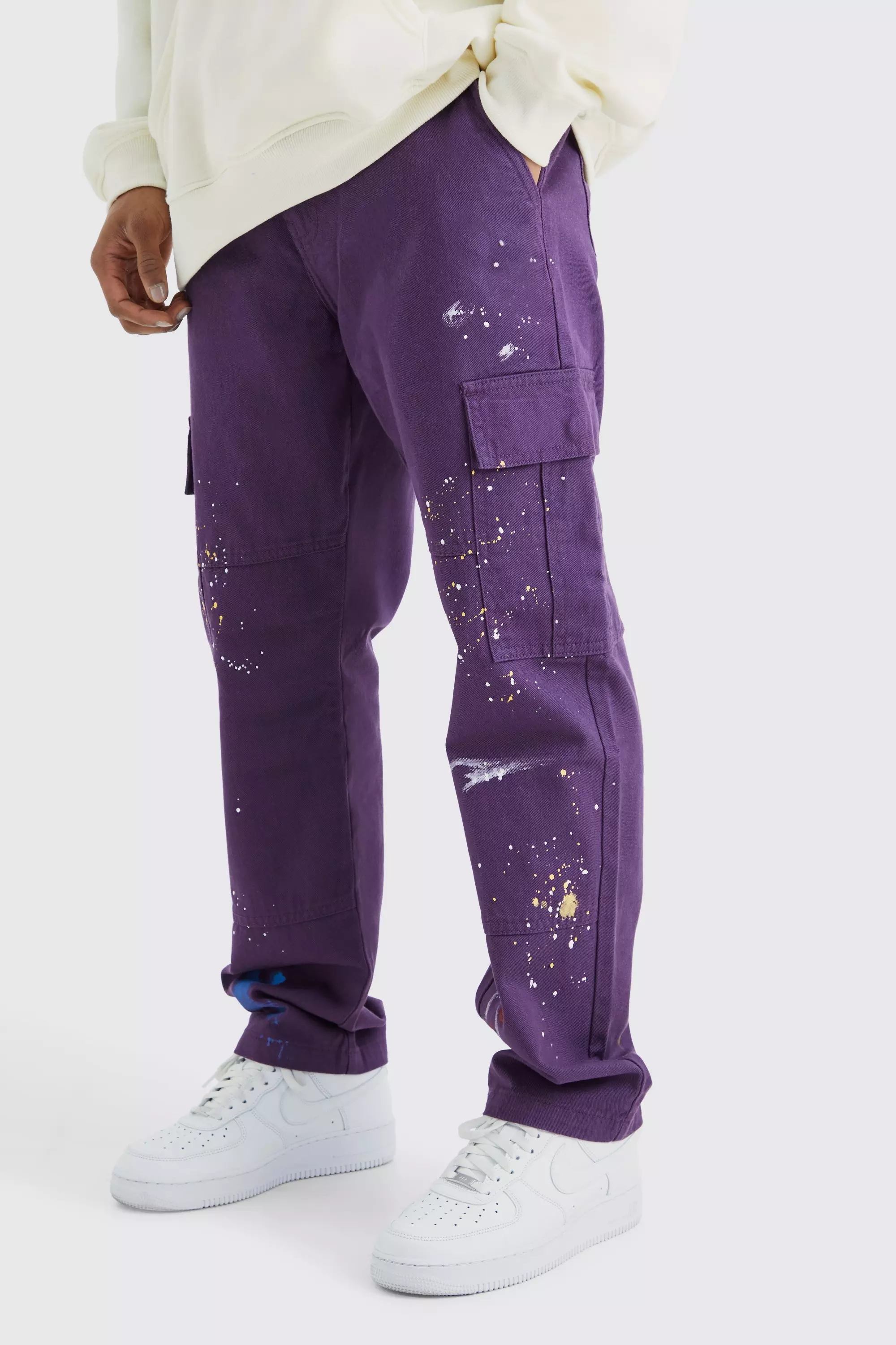 Straight Leg Cargo All Over Paint Splatter Pants Purple
