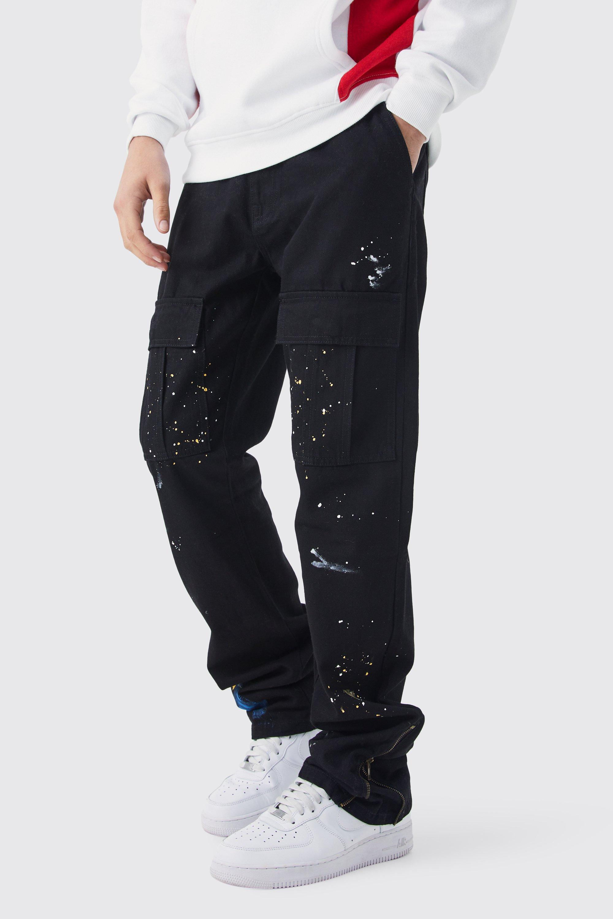 Slim Stacked Zip Flare Paint Splatter Cargo Pants | boohooMAN USA