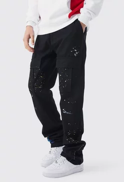 Black Slim Stacked Zip Flare Paint Splatter Cargo Pants