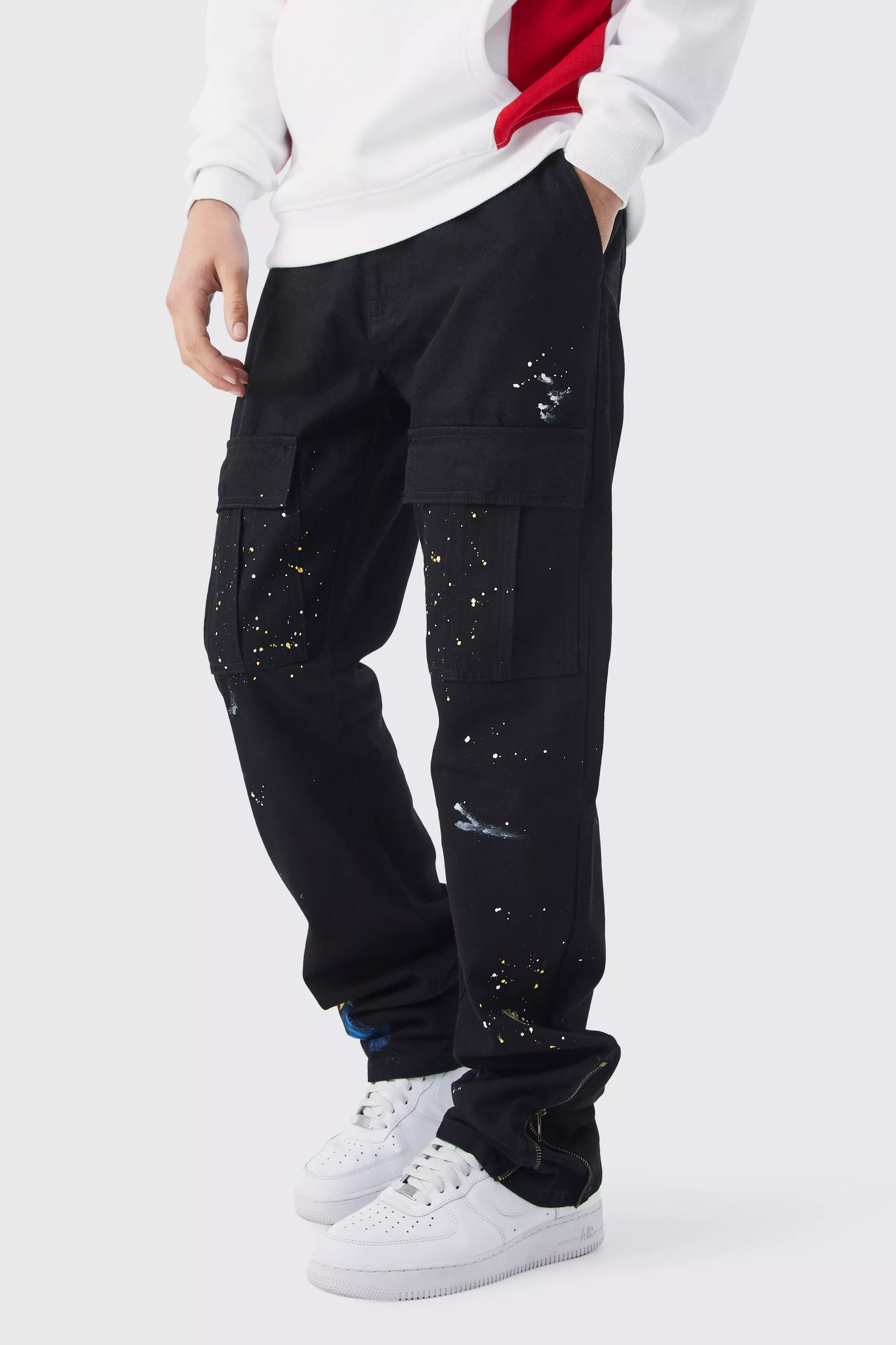 Slim Stacked Zip Flare Paint Splatter Cargo Pants Black