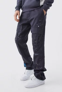 Charcoal Grey Slim Stacked Zip Flare Paint Splatter Cargo Pants