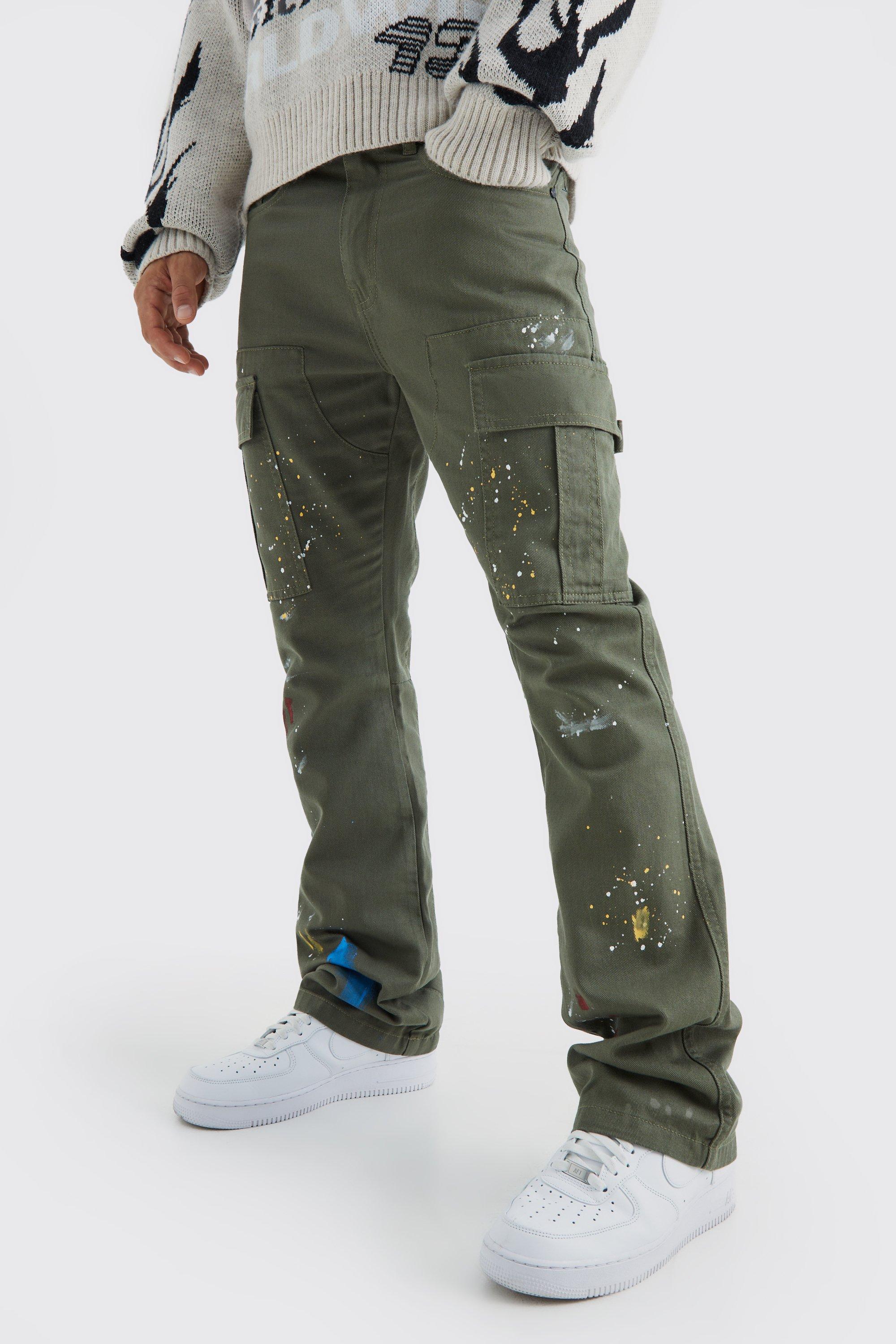 Slim Flare All Over Paint Splatter Cargo Trouser | boohooMAN USA