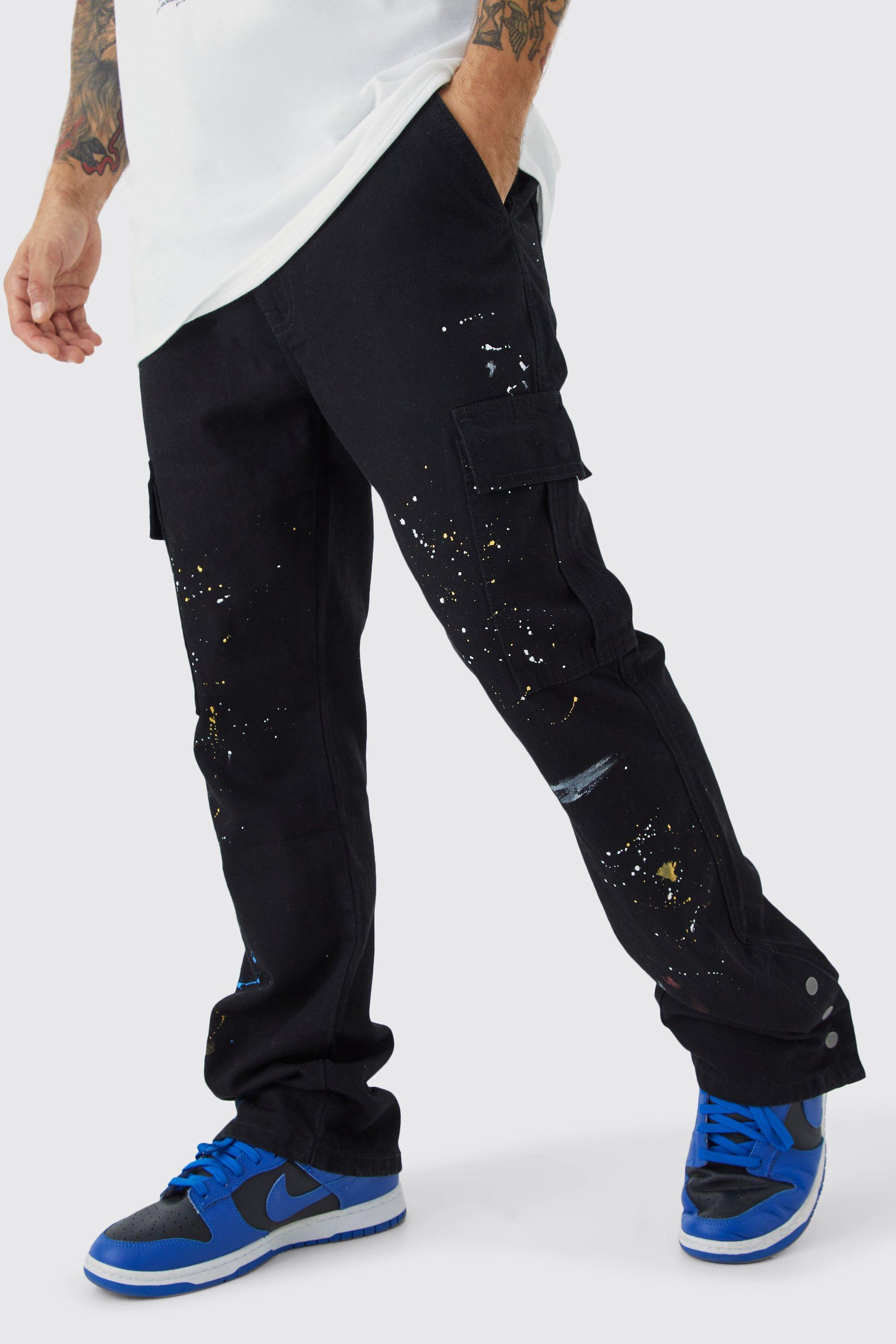 Slim Flare Popper Hem Paint Splatter Cargo Pants