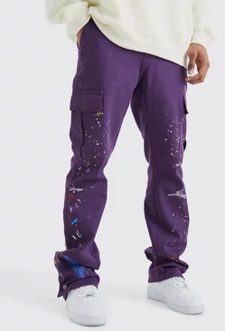 Slim Flare Popper Hem Paint Splatter Cargo Pants Purple