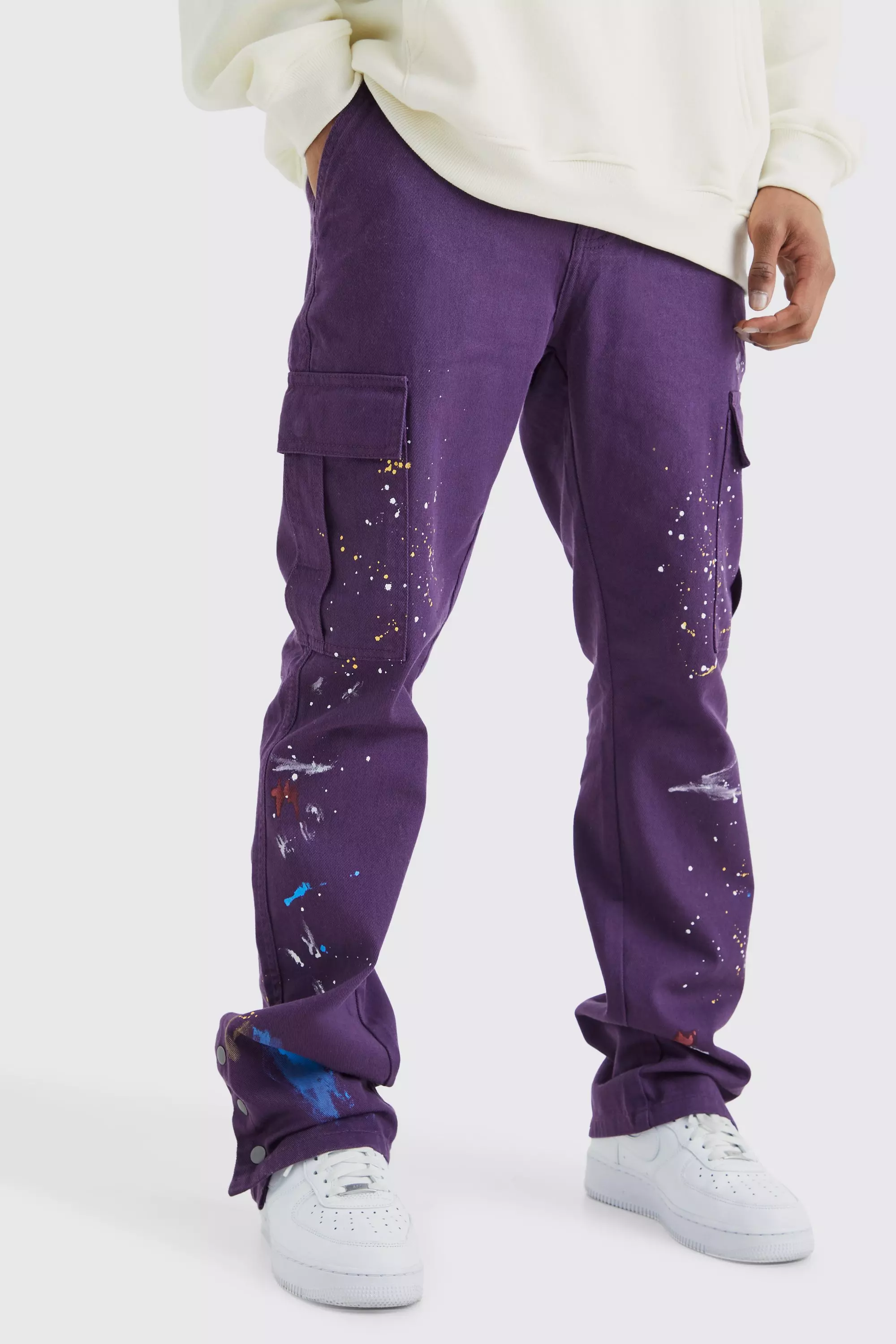Purple Slim Flare Popper Hem Paint Splatter Cargo Pants
