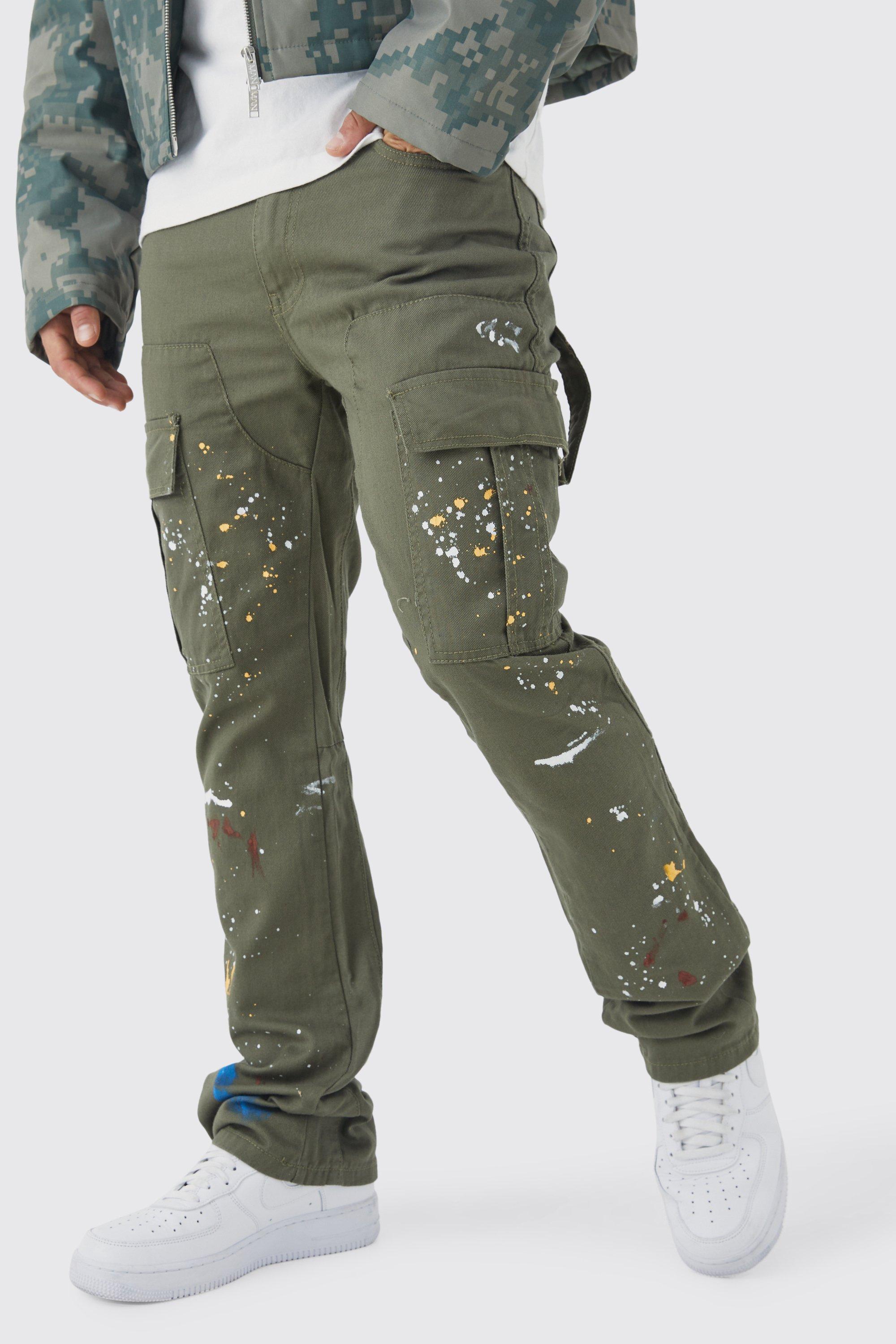 boohooMAN Men's Slim Gusset Flare Camo Cargo Pants