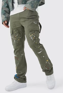 Slim Flare Gusset Paint Splatter Cargo Pants Khaki