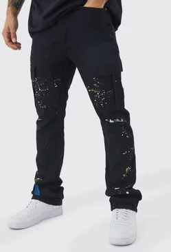 Black Slim Flare Gusset Paint Splatter Cargo Pants