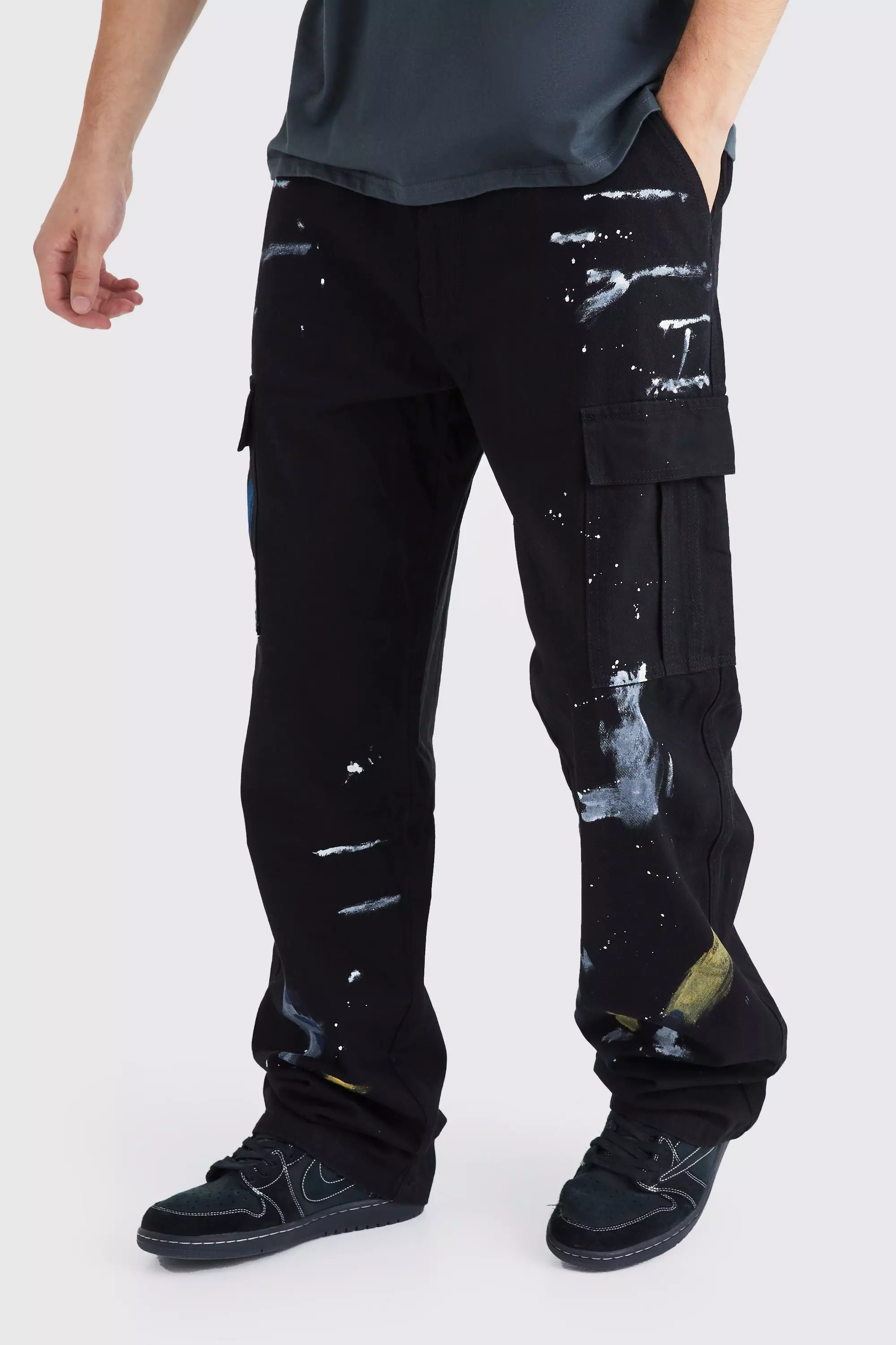 Black Tall Relaxed Fit All Over Paint Splatter Pants