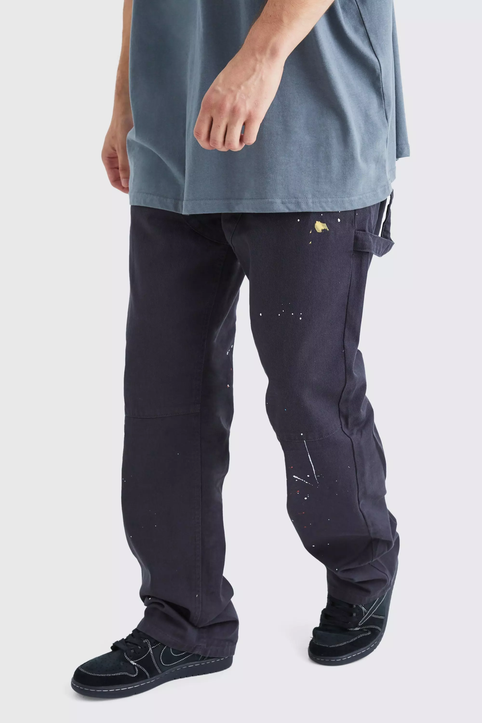Charcoal Grey Tall Relaxed Fit All Over Paint Splatter Carpenter Pants