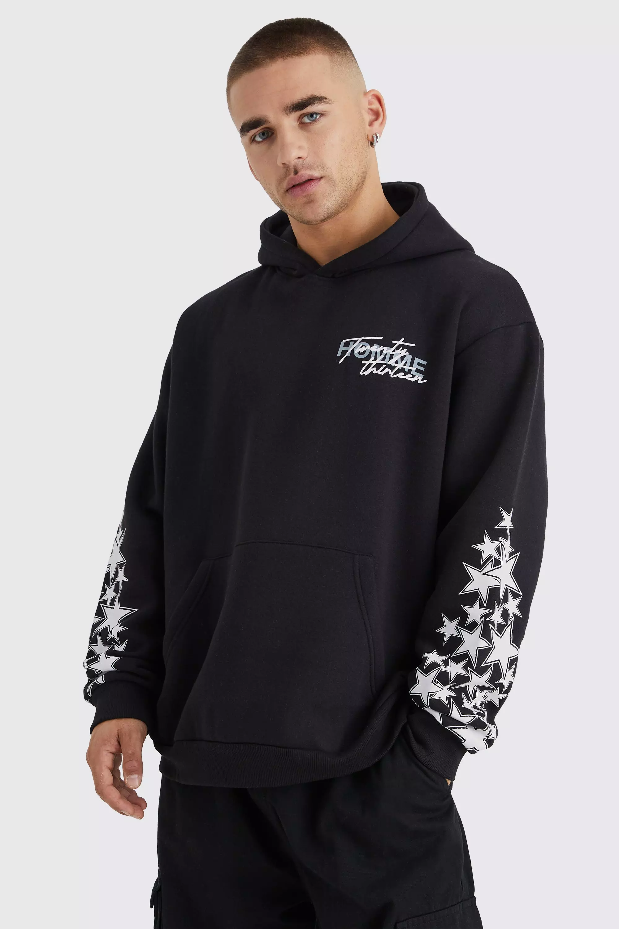 Oversized Star Graffiti Print Hoodie Black