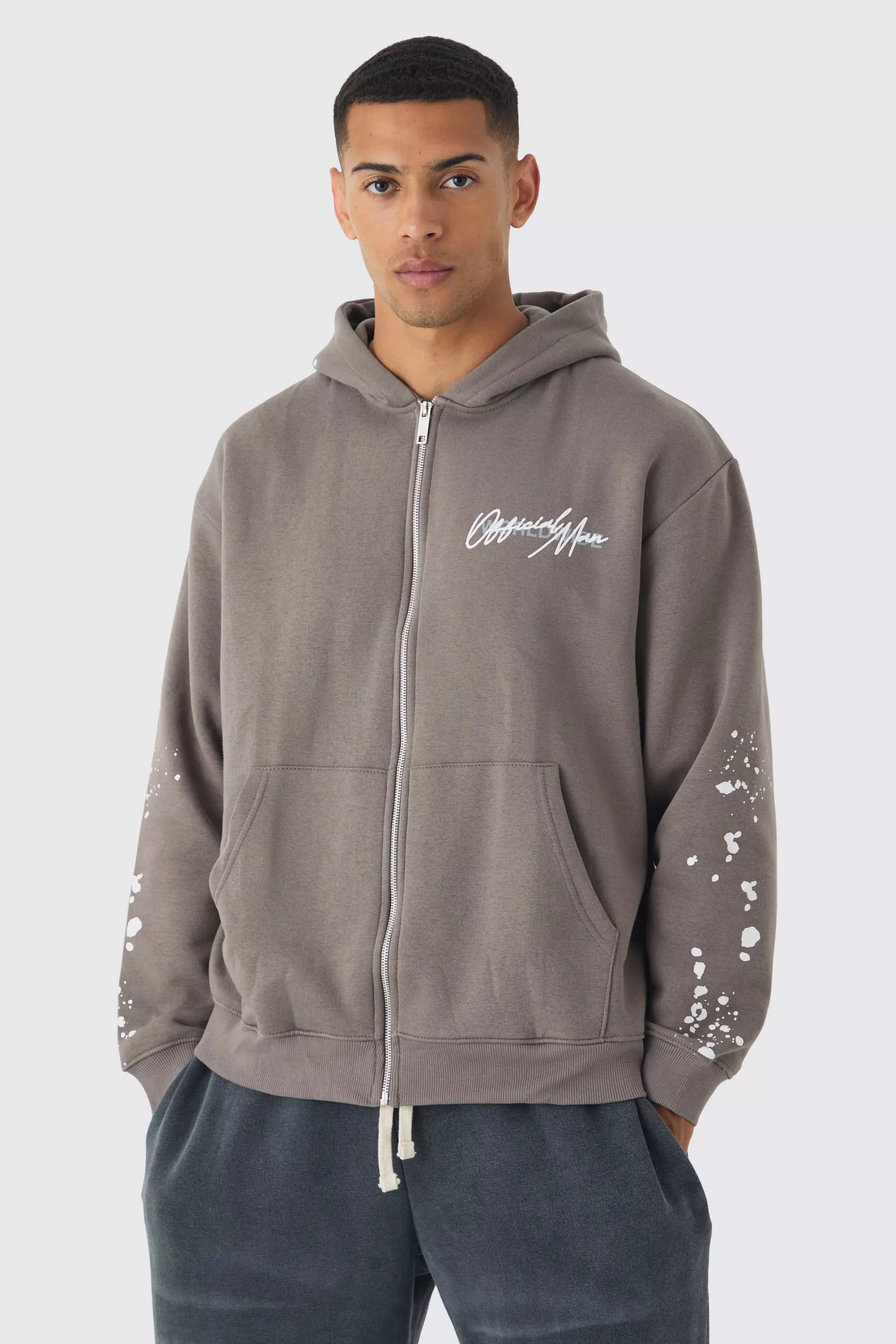 Oversized Graffiti Paint Splatter Hoodie Grey