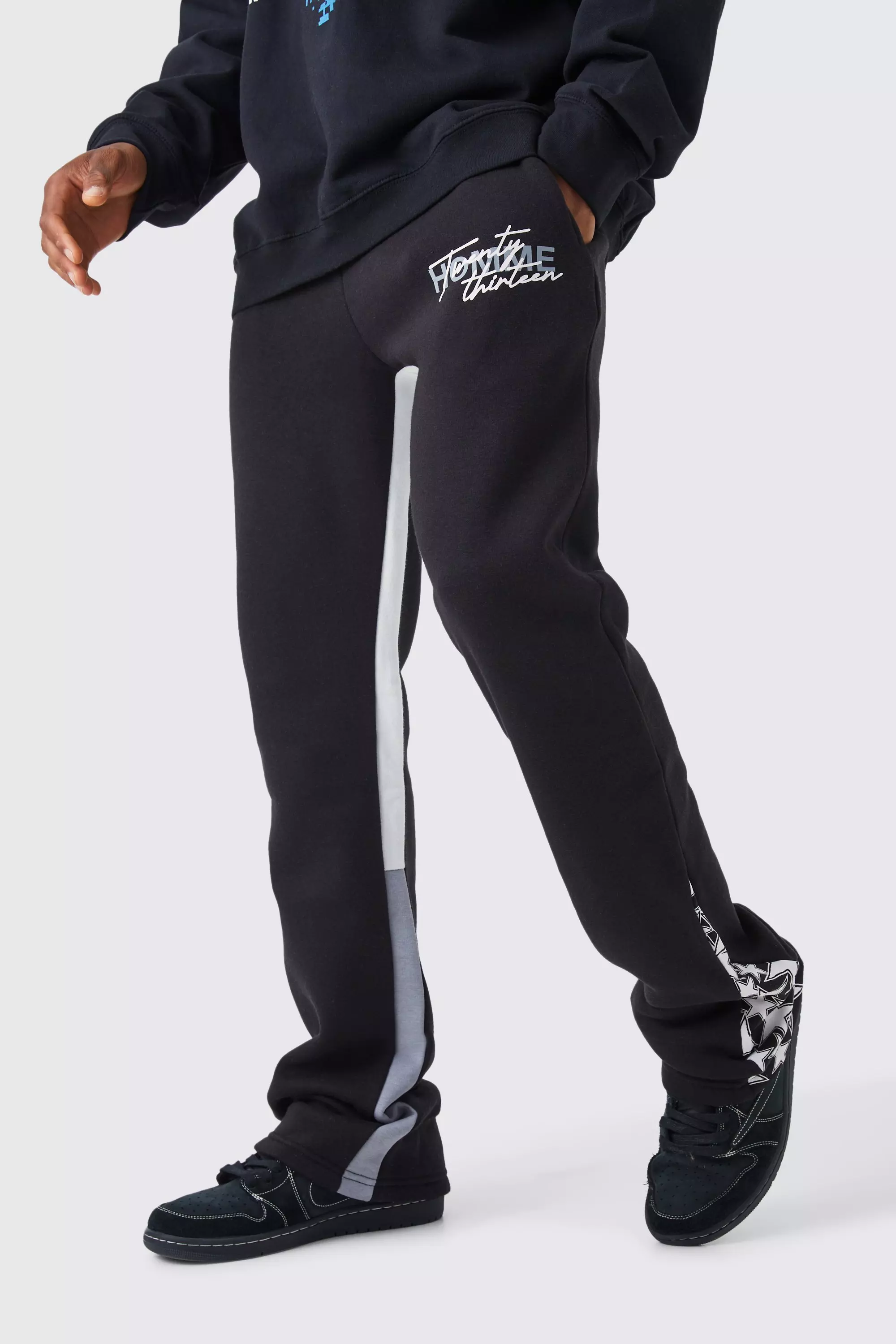 Black Slim Stacked Flare Star Print Gusset Sweatpants