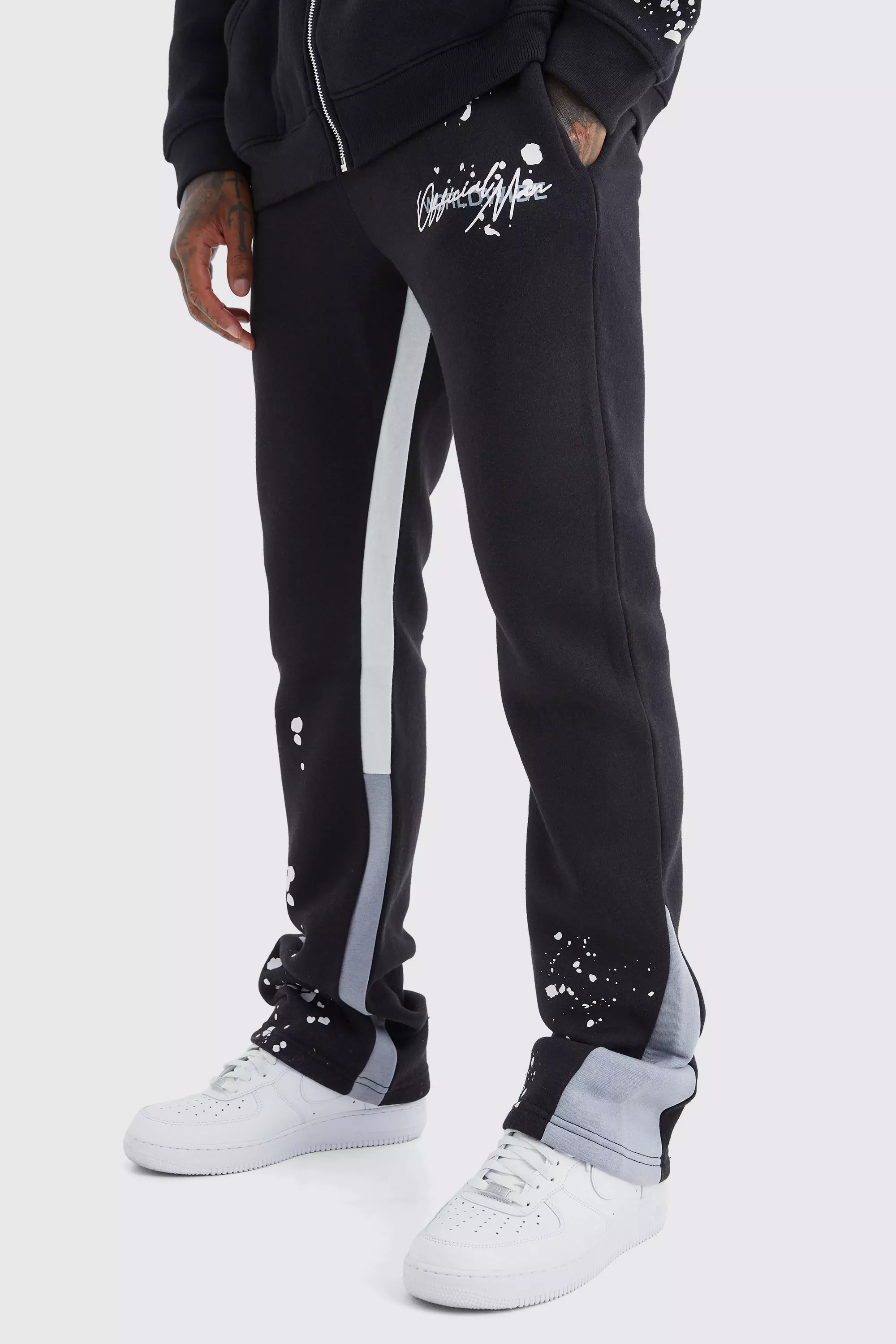 Black Slim Stacked Flare Sweatpants With Gusset Panel