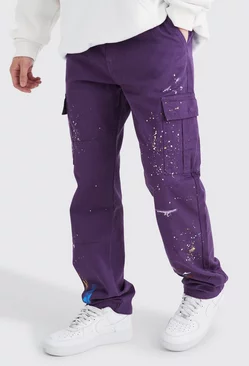 Tall Straight Leg Cargo All Over Paint Splatter Pants Purple