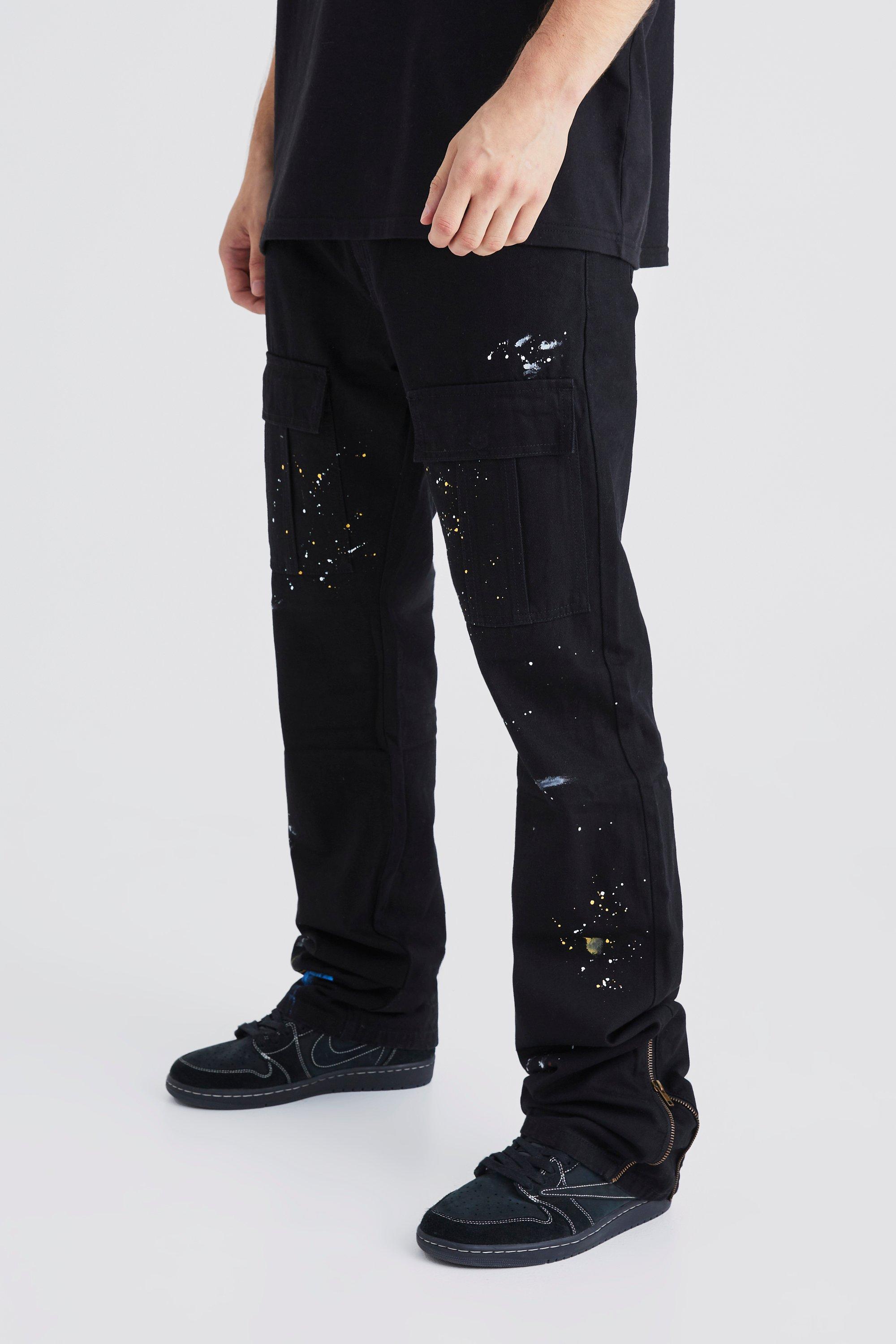 Tall Slim Stacked Zip Flare Paint Splatter Cargo Pants | boohooMAN 