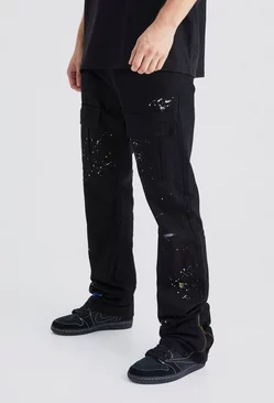 Tall Slim Stacked Zip Flare Paint Splatter Cargo Pants Black