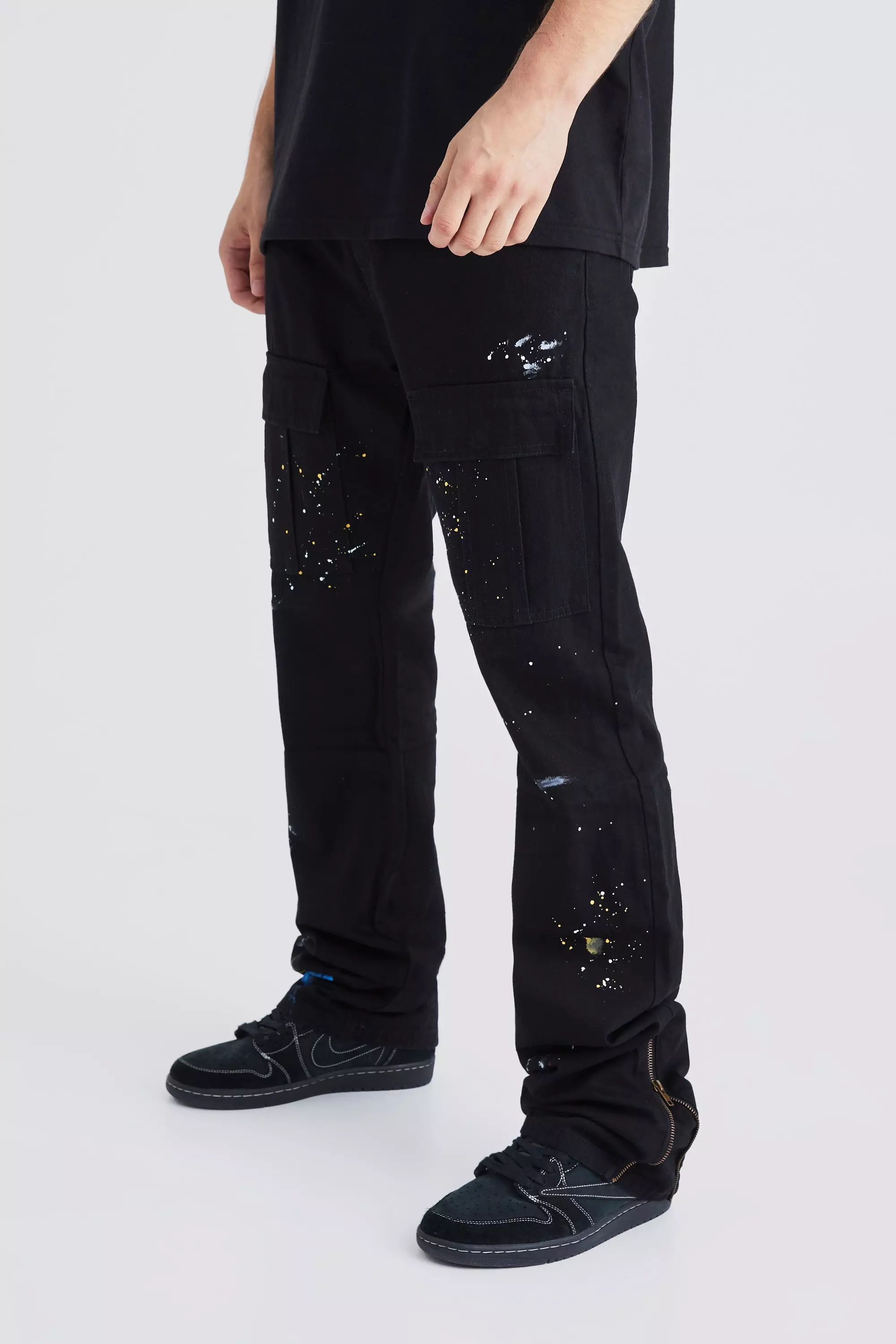 Black Tall Slim Stacked Zip Flare Paint Splatter Cargo Pants
