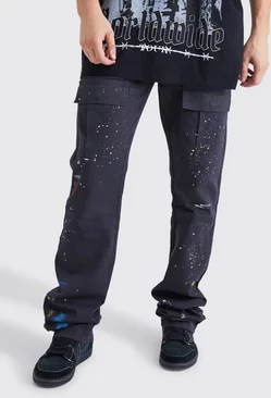Tall Slim Stacked Zip Flare Paint Splatter Cargo Pants Charcoal