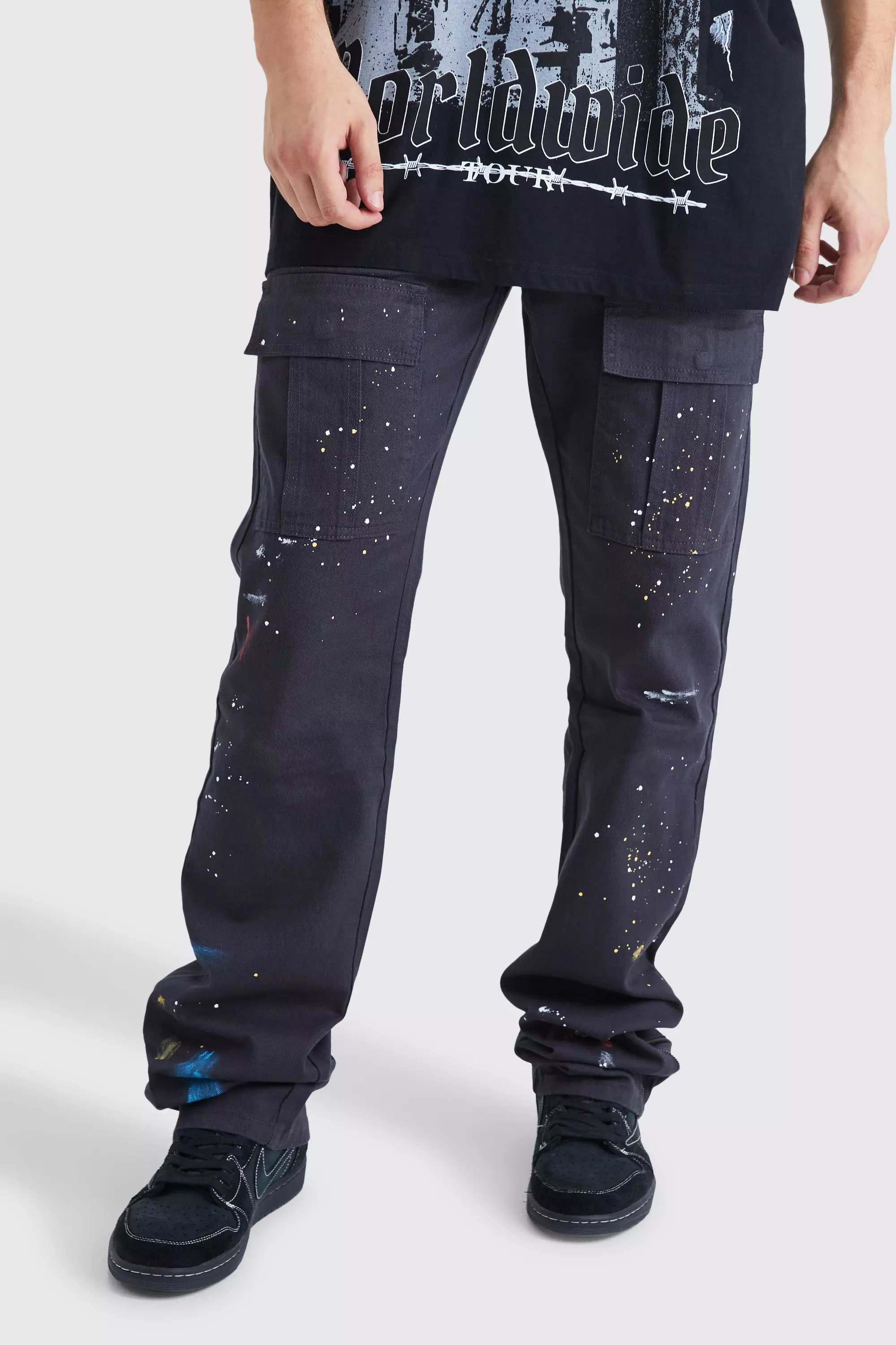 Charcoal Grey Tall Slim Stacked Zip Flare Paint Splatter Cargo Pants