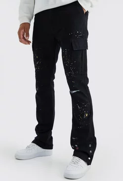 Black Tall Slim Flare Popper Hem Paint Splatter Cargo Pants