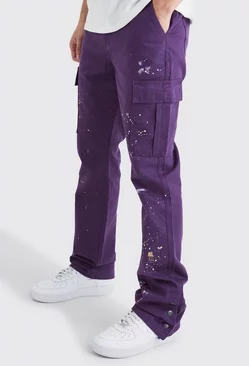Tall Slim Flare Popper Hem Paint Splatter Cargo Pants Purple
