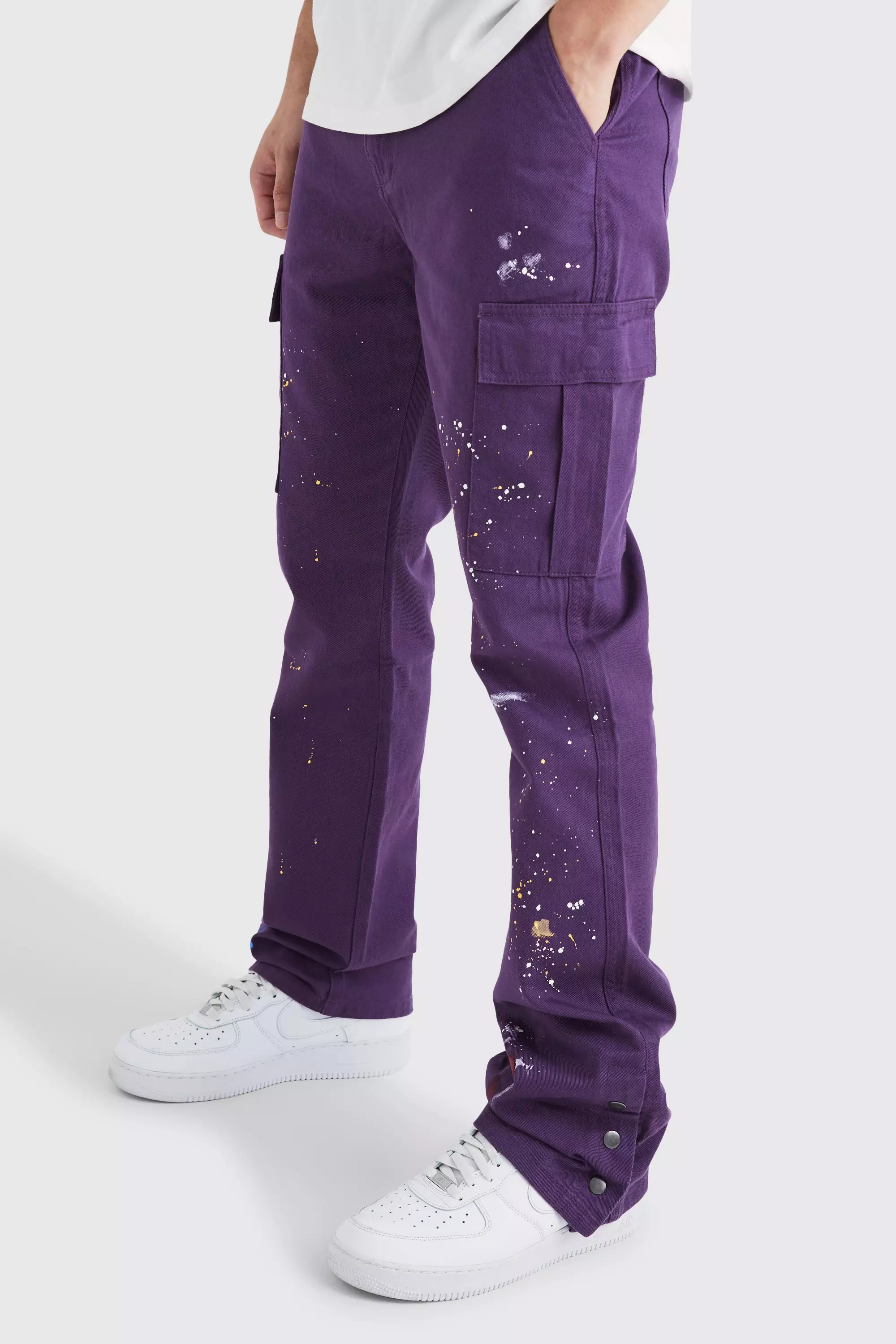 Purple Tall Slim Flare Popper Hem Paint Splatter Cargo Pants