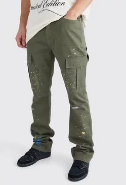 Khaki Tall Slim Flare Gusset Paint Splatter Cargo Pants