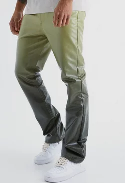 Fixed Waist Slim Flare Ombre Pu Trousers Green