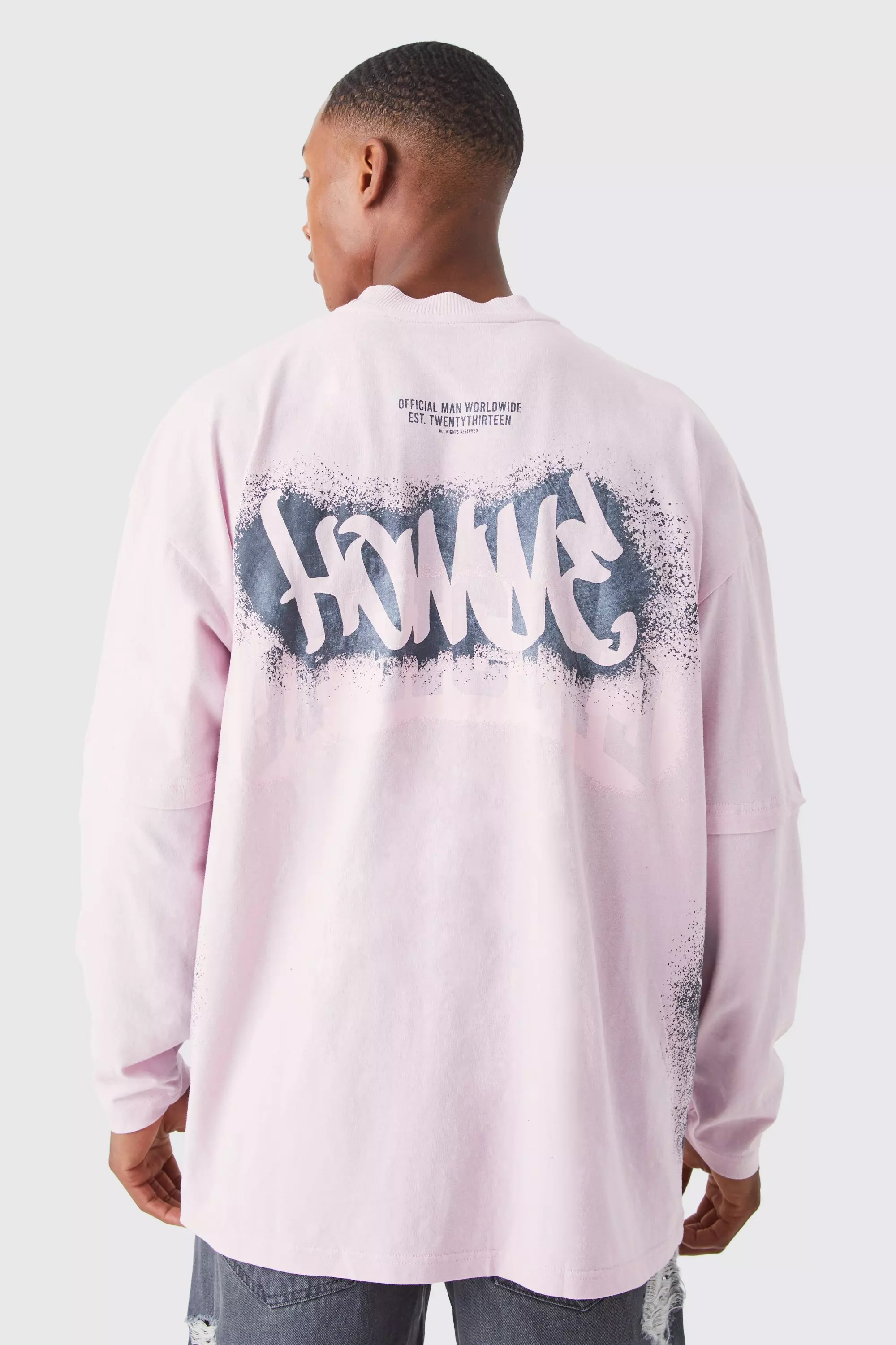 Pink oversized faux layered sleeve graffiti t-shirt