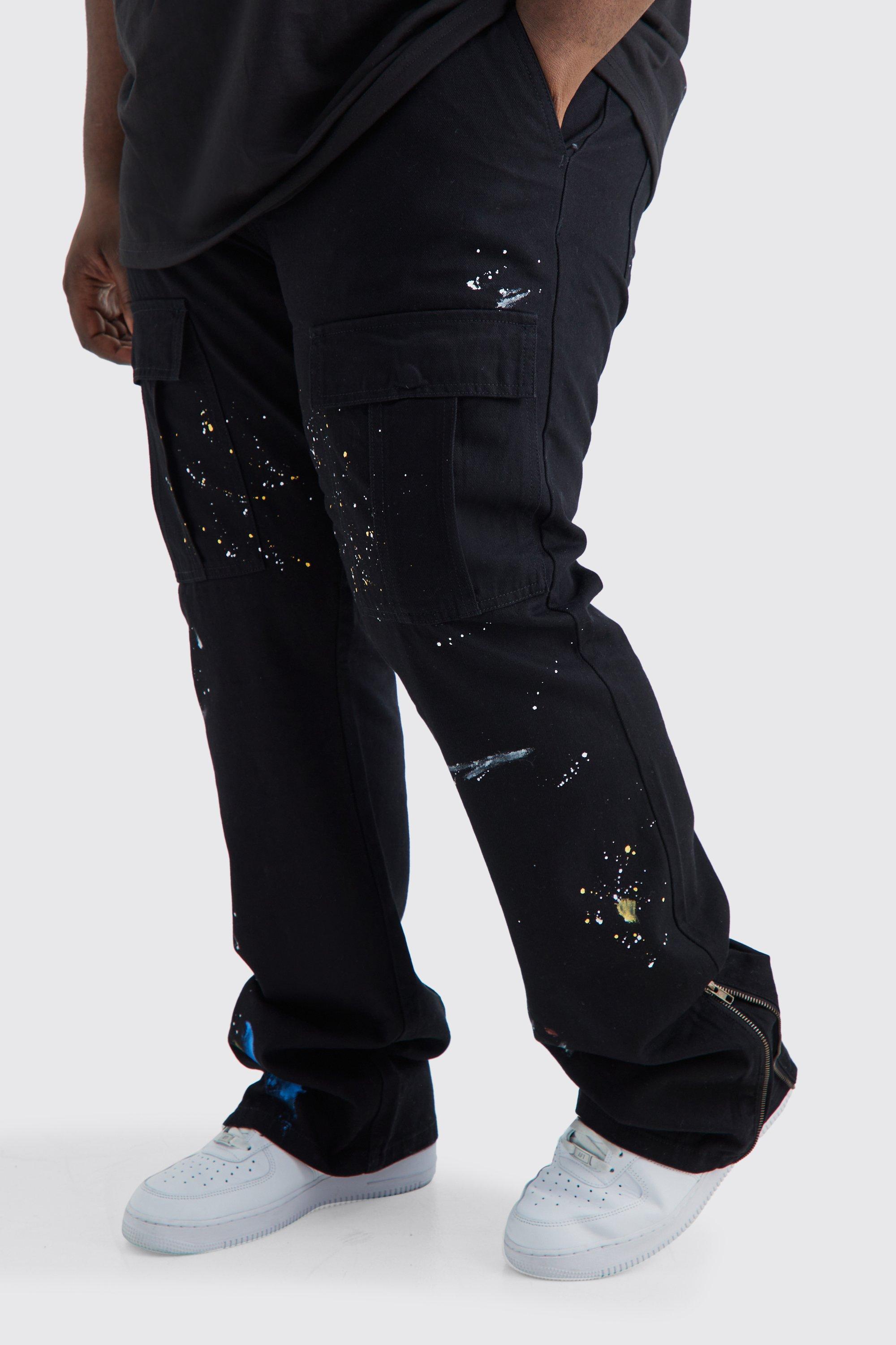 Plus Slim Stacked Zip Flare Paint Splatter Cargo Trouser