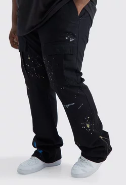 Black Plus Slim Stacked Zip Flare Paint Splatter Cargo Pants