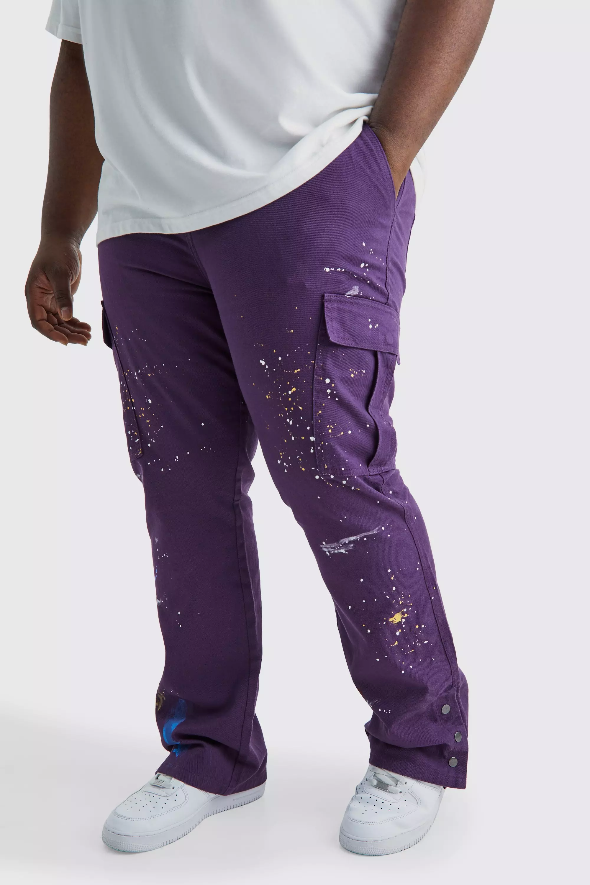 Plus Slim Flare Popper Hem Paint Splatter Cargo Pants Purple