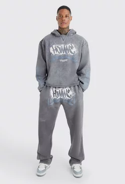 Boxy Fit Homme Graffiti Print Tracksuit Charcoal