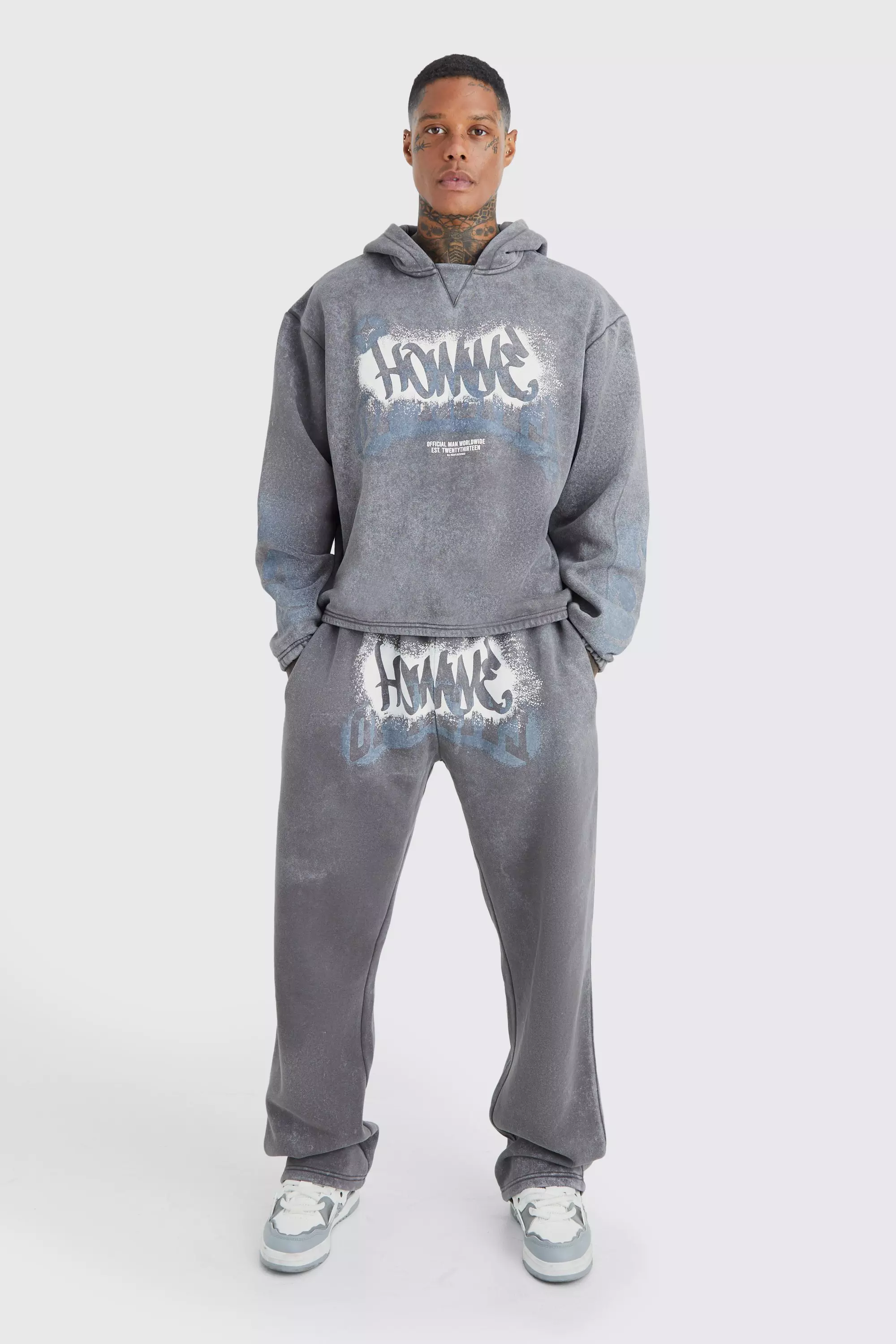 Charcoal Grey Boxy Fit Homme Graffiti Print Tracksuit