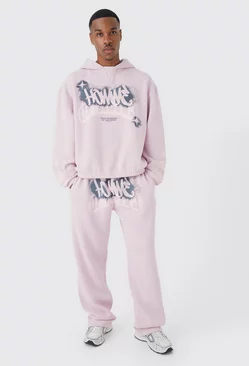 Boxy Fit Homme Graffiti Print Tracksuit Dusty pink