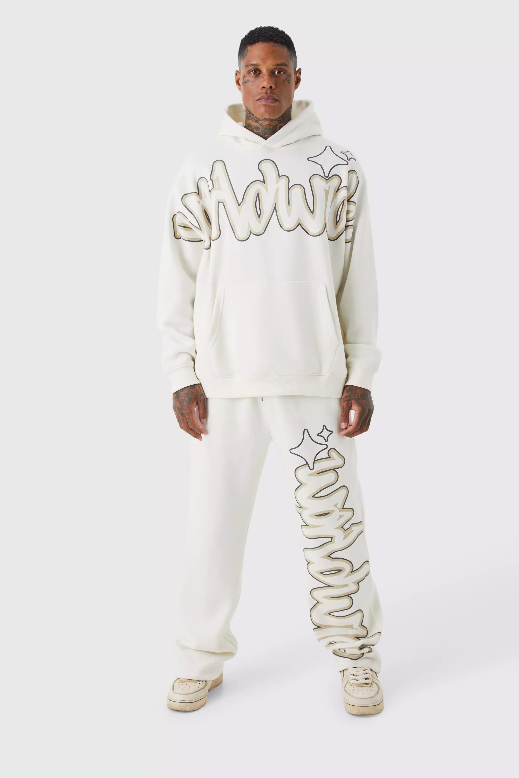 Oversized Worldwide Graffiti Print Tracksuit Ecru