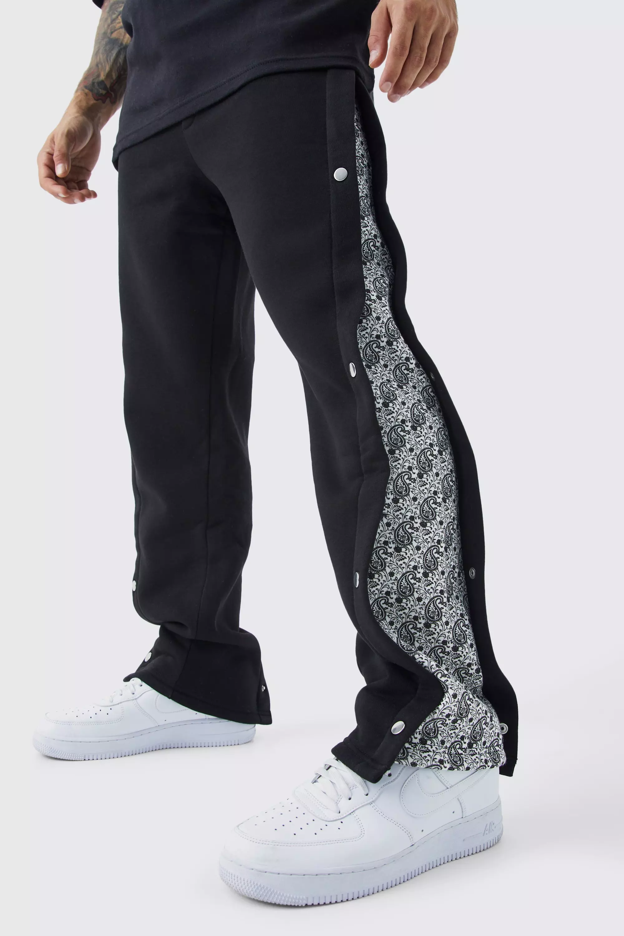 Black Relaxed Printed Side Panel Popper Sweatpants