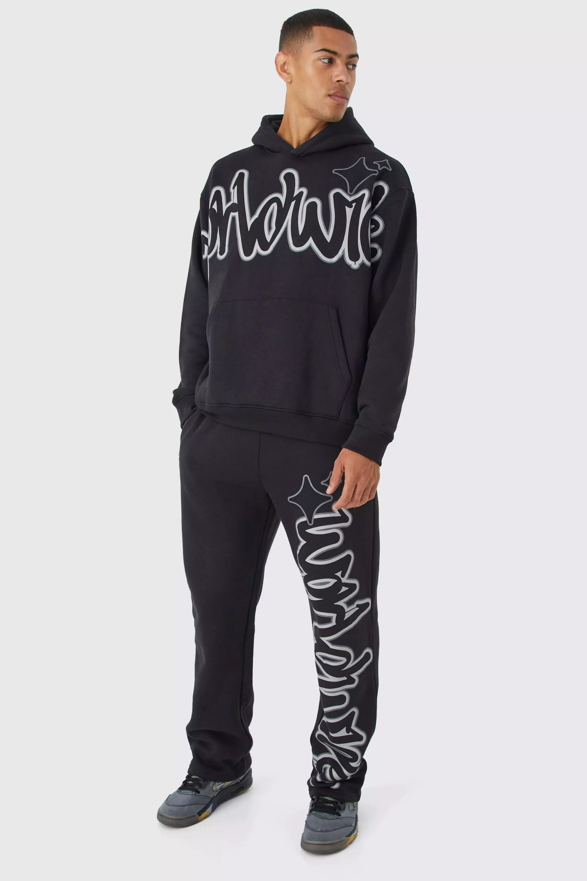 Black Oversized Worldwide Graffiti Print Tracksuit alternative image