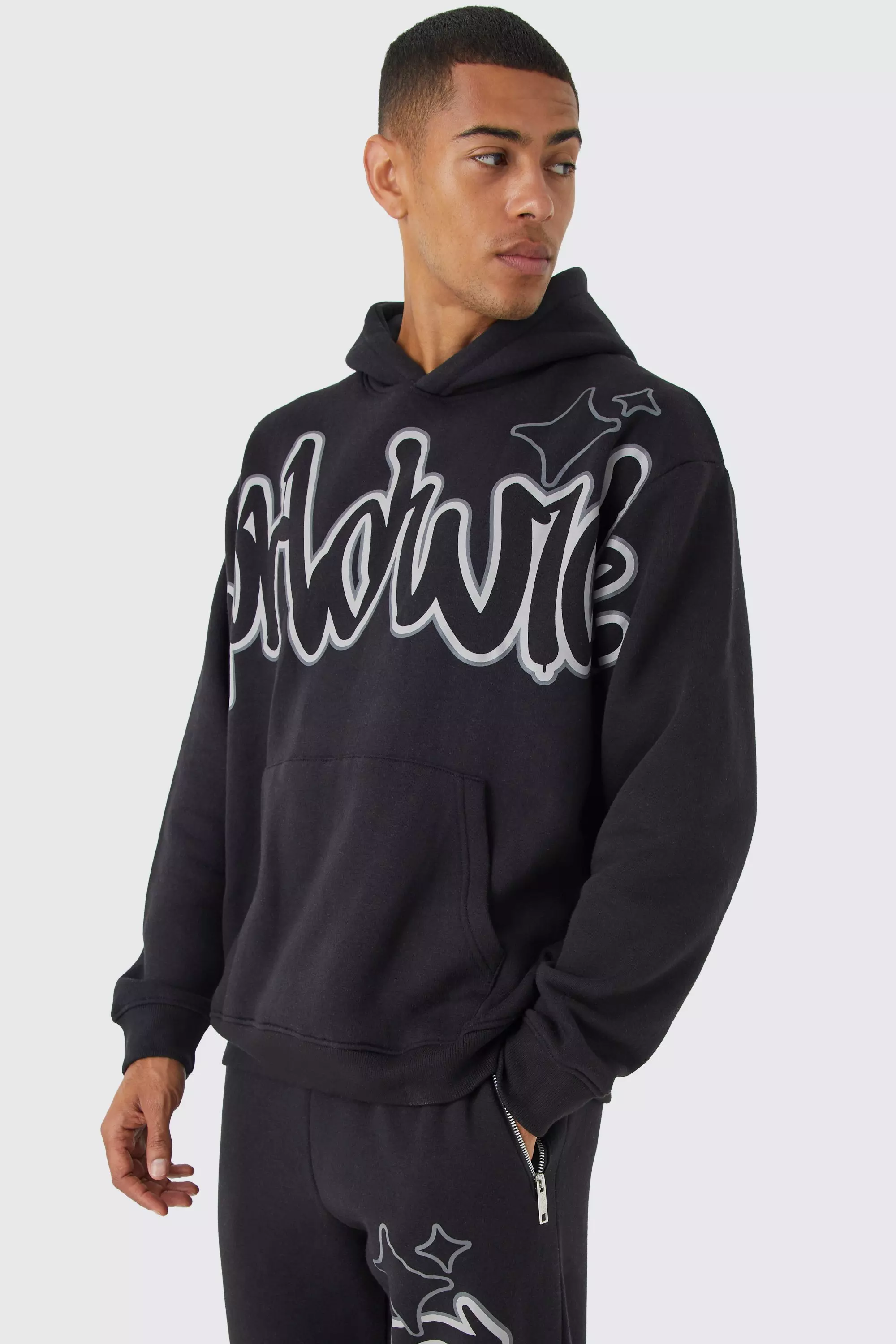Black Oversized Worldwide Graffiti Print Tracksuit alternative image