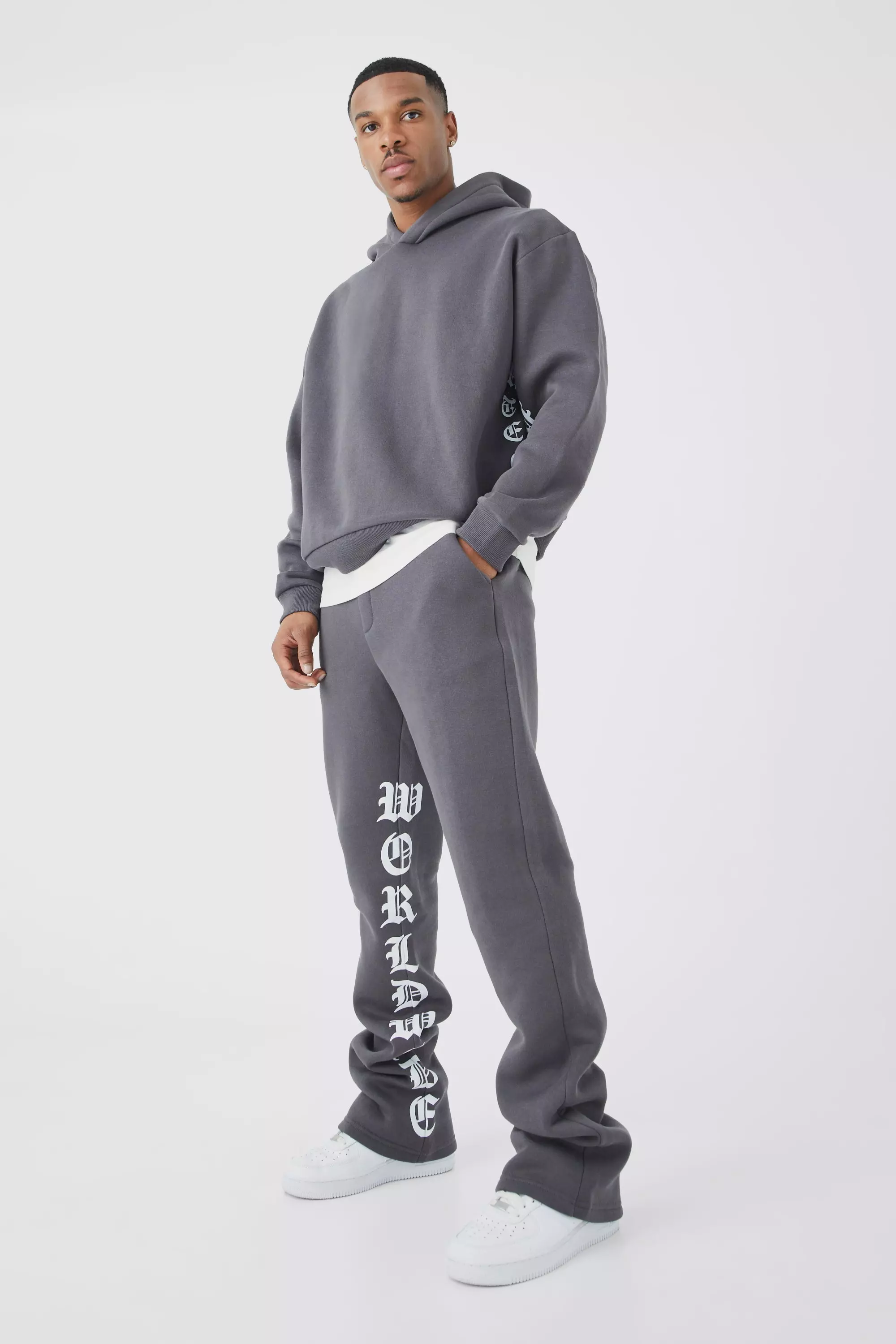 Oversized Boxy Printed Flared Tracksuit Grey