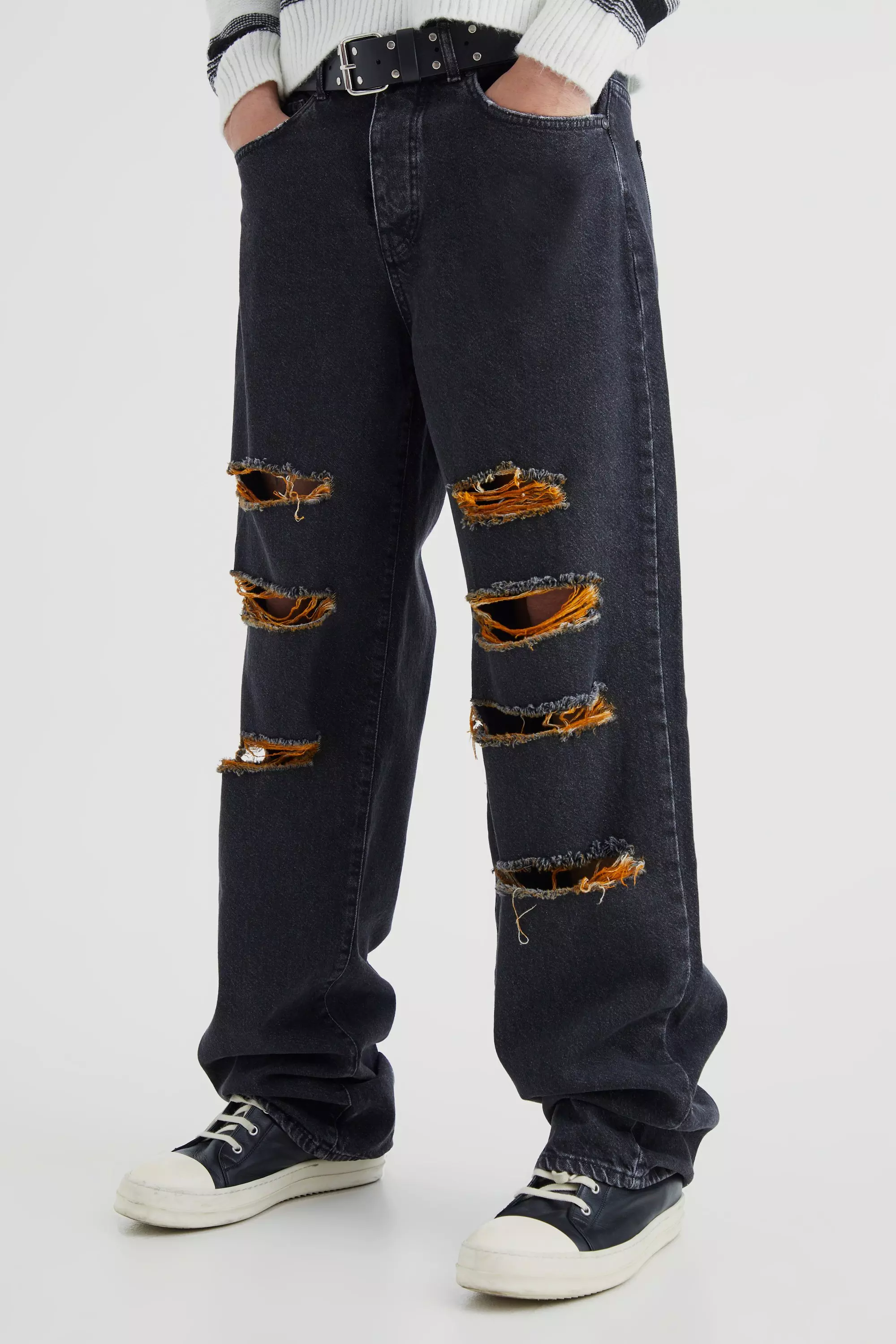 Black Baggy Rigid Contrast Ripped Jeans