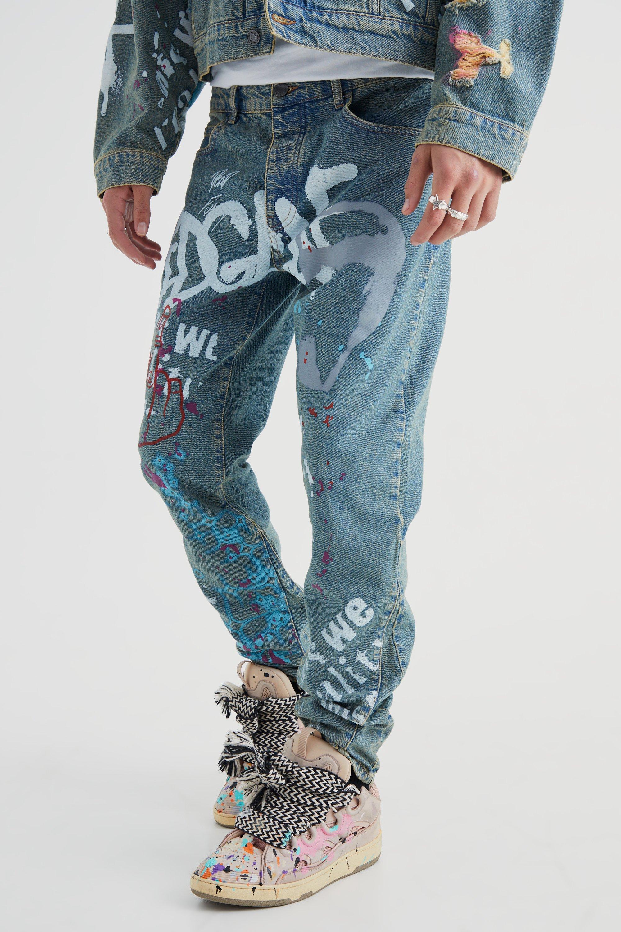 Antique blue Slim Rigid Graffiti Gusset Detail Jeans