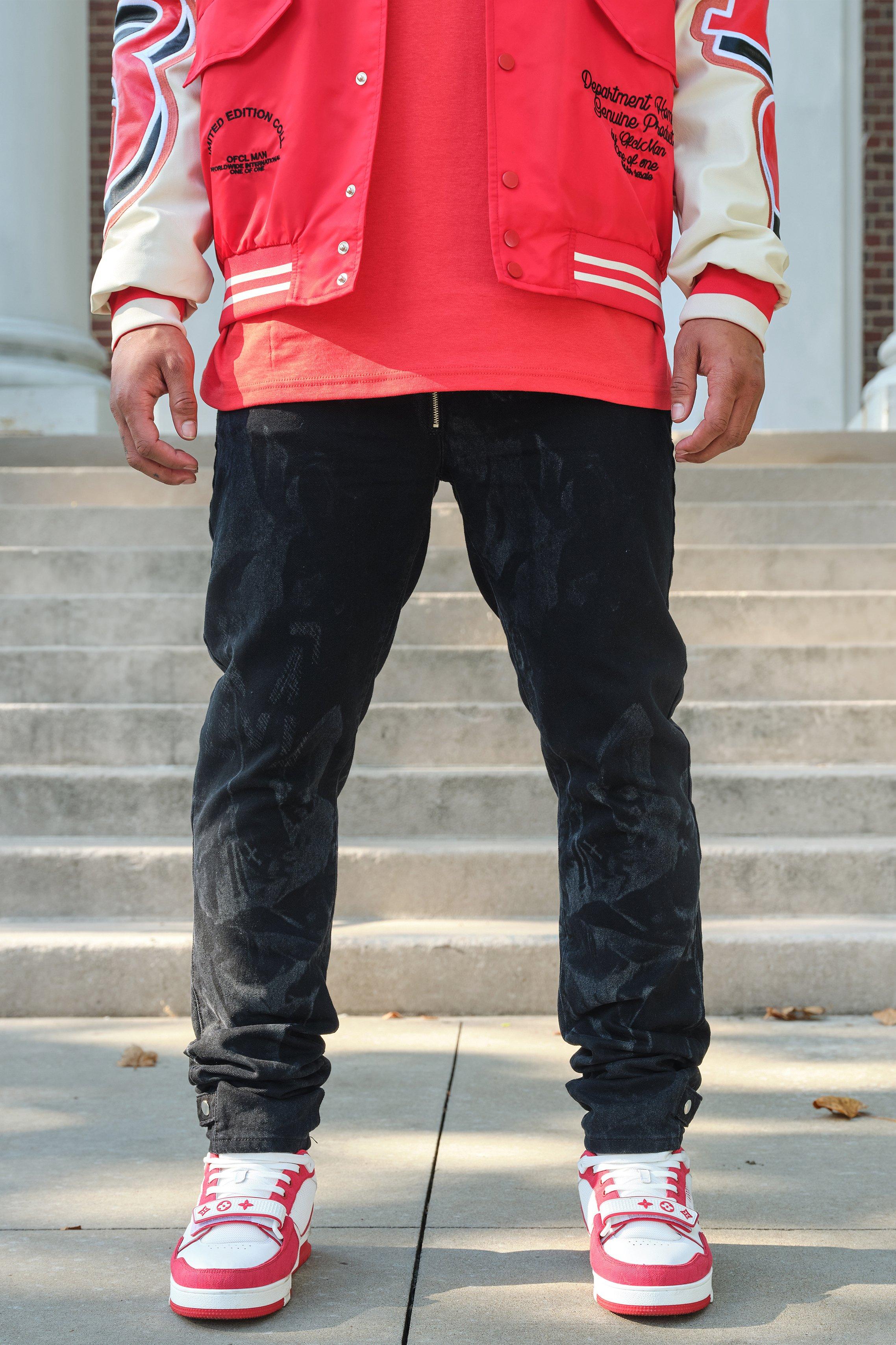 Jeans Slim Fit In Denim Rigido Con Stampa Rinascimentale Al Laser, Washed black